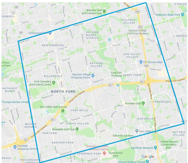 A map with a box around the area south of Steeles Avenue but North of Lawrence Avenue, and West of Victoria Park Avenue but east of Bathurst St.