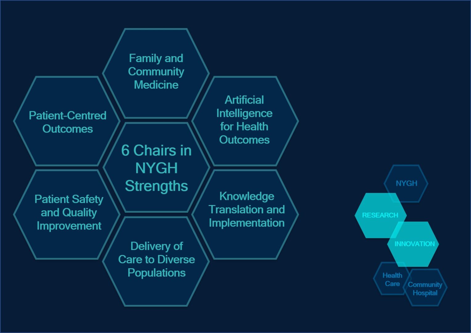 Hexagons explaining the strengths of the NYGH research chairs. A long description follows the image.