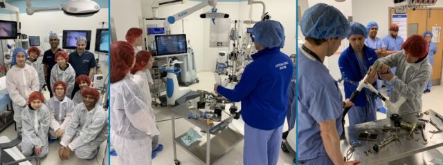 A collage of photos showing students and surgery team members in an operating room interacting with surgical robots and posing for a group photo.